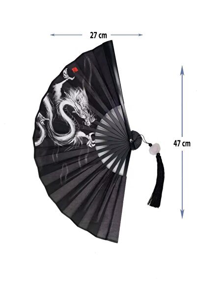 pivok Ejderha Desenli Siyah Bambu Yelpaze – 47 cm x 27 cm Dekoratif & Katlanabilir Model