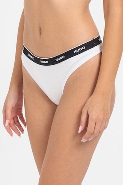 HUGO , Chiloți tanga cu logo, Negru, Alb optic, XS
