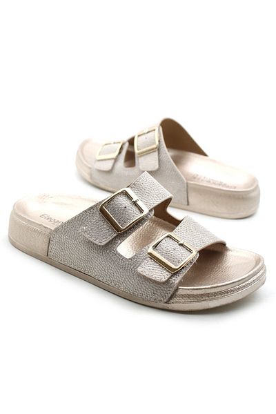 Katrem Orthopedic Double Buckle Gold Buckle Shiny Women's Slippers