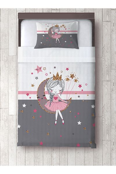 yok yok evim eve dair her şey Gray Ayda Sitting Girl Patterned Single Pique and Pillowcase Bedspread Set with Border