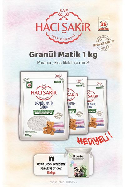 Hacı Şakir 3 Pieces of 1 kg Granule Matic Laundry Detergent and Rosie