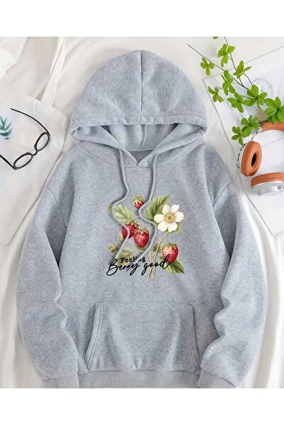 caddekombin Berry Good Printed Hooded Pocket Wool Inside Gray Sweatshirt