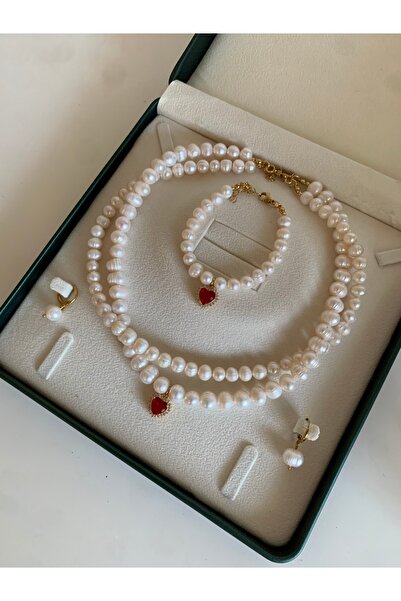 JOVİ ATELİER Sarmaşık Kolye Bileklik Küpe Set Kırmızı Kalp charm