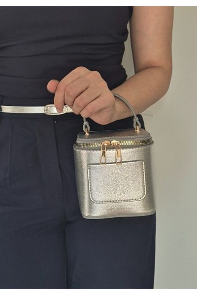 İzel Çakran Women's Silver Mini Box Bag - Daily & Night Hand and Shoulder Bag