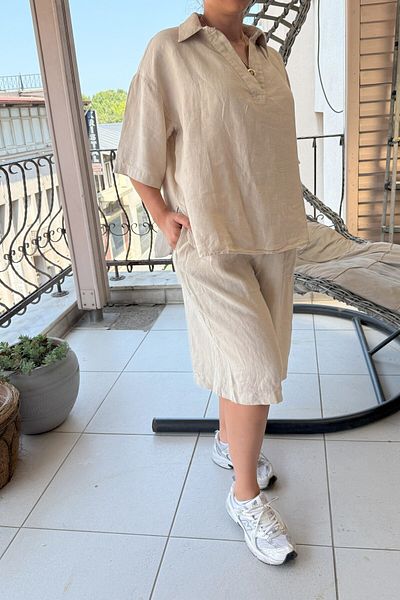 Suzi 100% Linen Capri Pants and V-Neck Bluz Set Tk1006