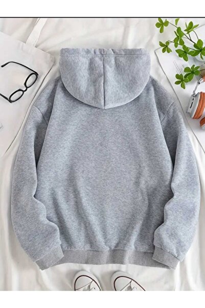 caddekombin Semi Leopard Floral Printed Hooded Pocket Gray Sweatshirt with Wool Inside