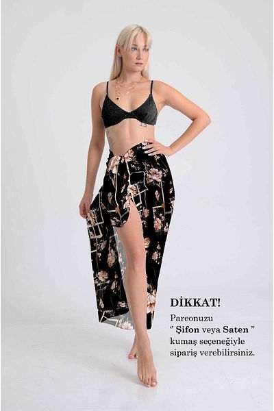 DESENİX Geometric Floral Print Stylish Beach Dress with Black Background |   100X145Cm |   Chiffon & Luxury Satin