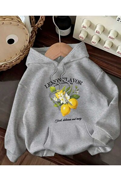 caddekombin Lemon Flavor Printed Hooded Pocket Cotton Gray Sweatshirt