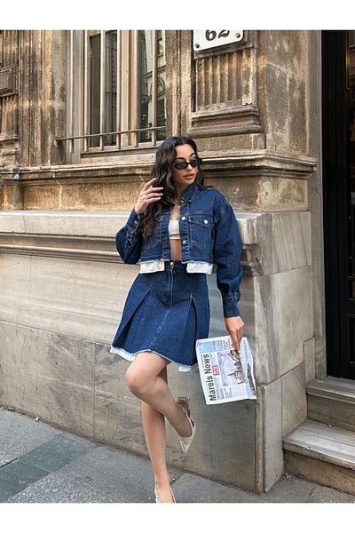 369 etnik butik Double Layer Leg Detail Short Jacket Pleated Denim Mini Skirt Set
