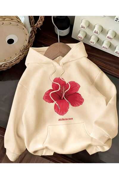 caddekombin Hanorac din bumbac bej cu glugă și buzunar cu imprimeu Hibiscus