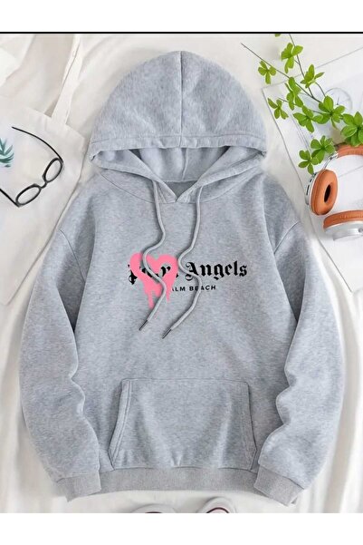 caddekombin Palm Angels Beach Printed Hooded Pocket Wool Inside Gray Sweatshirt