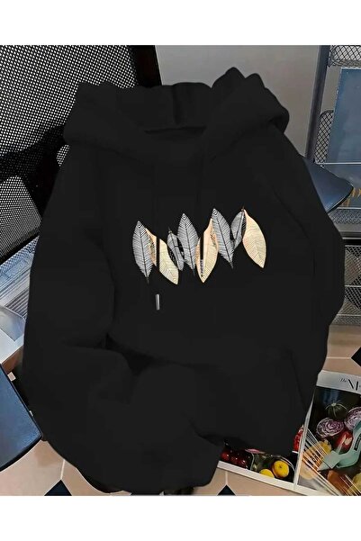 caddekombin Hanorac negru din bumbac cu glugă și buzunar cu imprimeu cu frunze de palmier