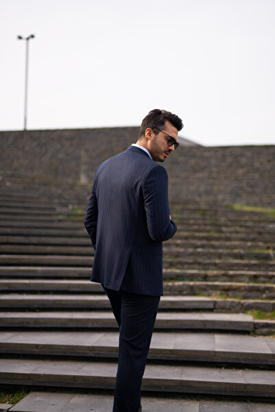 Costumen Slim Fit Lacivert Çizgili Yelekli Takım Elbise