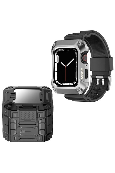 Dali Husă și curea de protecție Lito compatibile cu Apple Watch 7/8/9, 45mm, Metal RuggedArmor, model militar