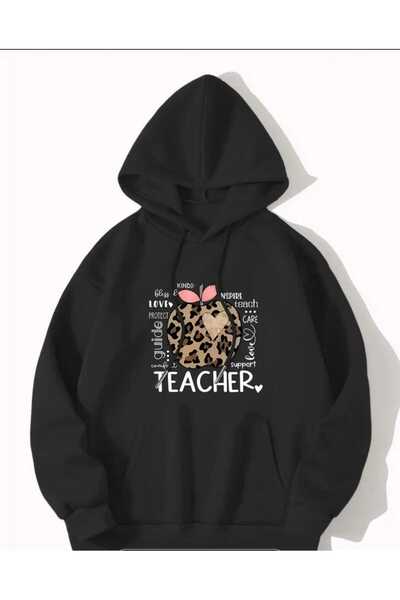 caddekombin Hanorac negru din bumbac cu buzunar cu imprimeu Teacher