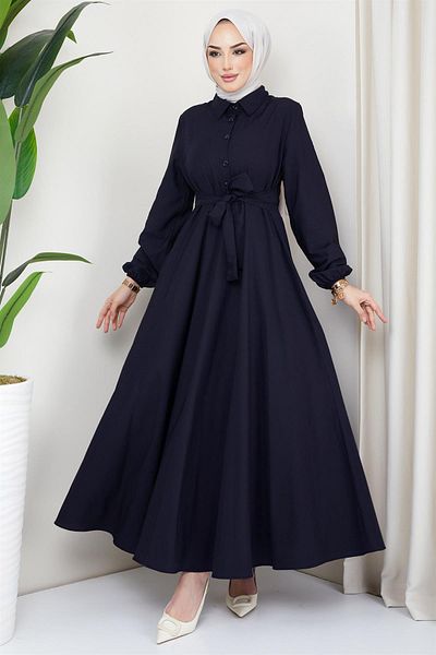 hafsamina Φόρεμα Mevlana με ζώνη Navy Blue HM2105