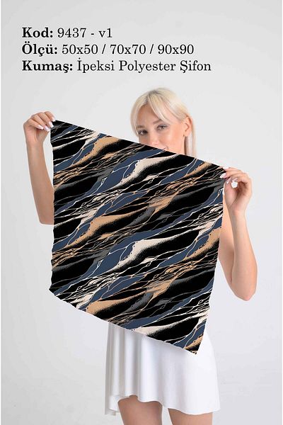 DESENİX وشاح منقوش بتأثير موجة الأرضية باللون الأسود |   50x50 - 70x70 - 90x90 سم |   شيفون بوليستر حريري