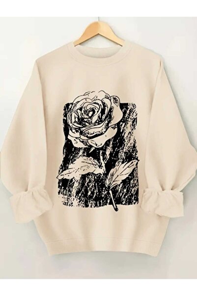 caddekombin Hanorac bej cu decolteu rotund cu imprimeu Black Pen Rose