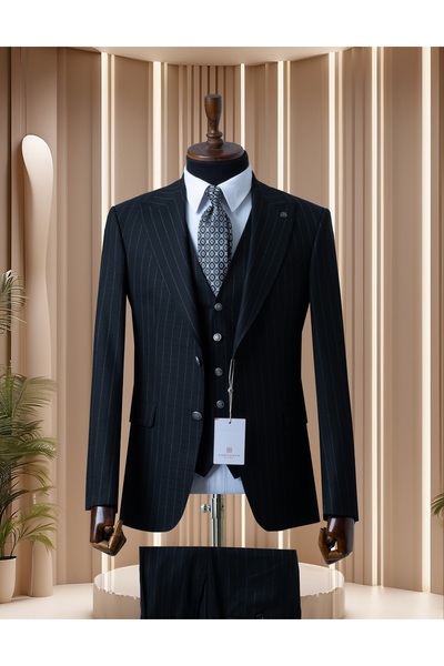 Costumen Slim Fit Siyah Çizgili Yelekli Takım Elbise