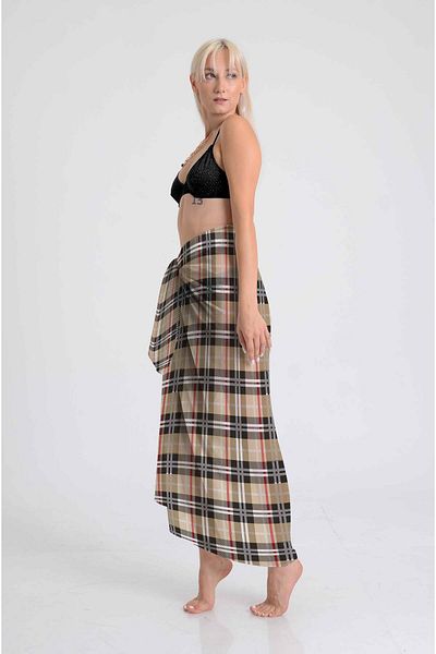 DESENİX Plaid Patterned Beige Black Red Beach Dress |   100X145Cm |   Chiffon & Luxury Satin