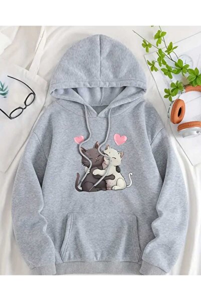 caddekombin Couple Cat Baskılı Kapüşonlu Cepli Pamuklu Gri Sweatshirt