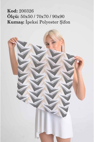DESENİX وشاح منقوش هندسي مخطط باللونين الأسود والذهبي |   50x50 - 70x70 - 90x90 سم |   شيفون بوليستر حريري