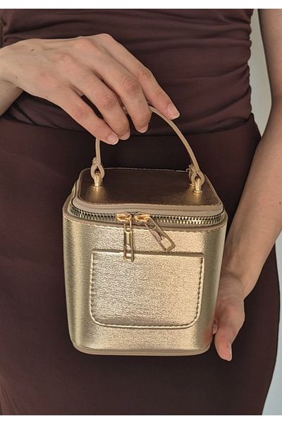 İzel Çakran Women's Gold Mini Box Bag - Day & Night Hand & Shoulder Bag