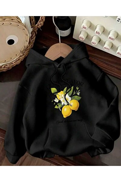 caddekombin سويت شيرت أسود من القطن بطبعة بنكهة الليمون وجيب بقلنسوة