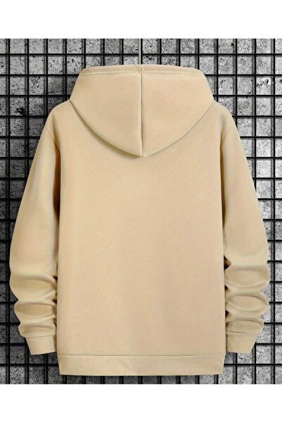 caddekombin Hanorac cu glugă cu imprimeu Man Struggles, cu buzunare, cu interior din lână, bej