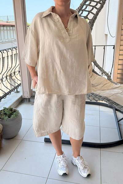 Suzi 100% Linen Capri Pants and V-Neck Bluz Set Tk1006
