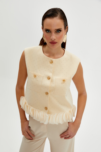 SERPİL İnci Desenli Volan Detaylı Kolsuz Yelek