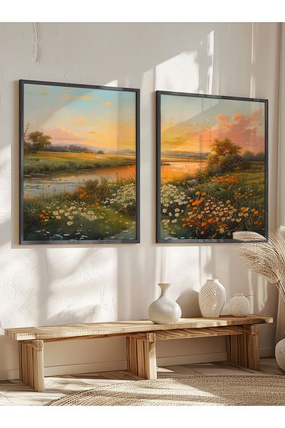 STARYUNA Pictură peisaj cu margarete cu efect de pictură în ulei, set de 2 picturi cu cadru din lemn negru Yuna88