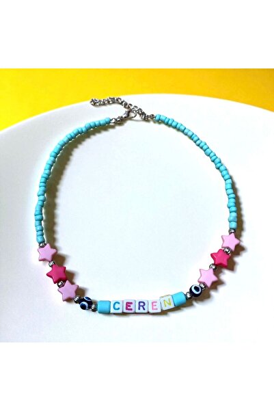 LeylanTakı Leylan Takı Çocuk Pembe Yıldızlı İsimli Mavi Kolye