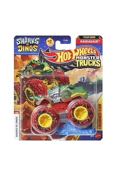 HOT WHEELS MONSTER TRUCK SHARKS VS DINOS RAGEASAUR CAR DINO TEAM 1 TO 64 SCALE