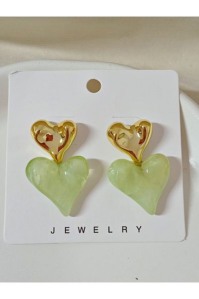 mos&more Steel Green Gold Heart Design Women's Earrings