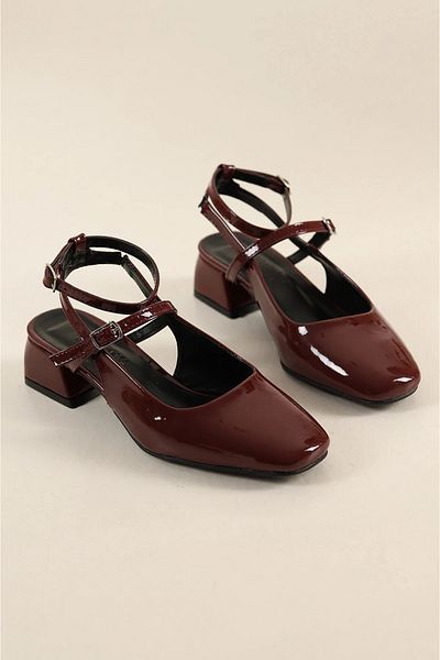 Firibu Square Toe Double Belt Ankle Strap Open Back Short Heeled Shoes Mary Jane