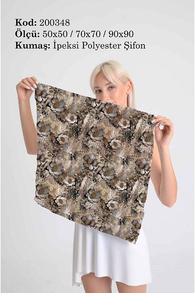 DESENİX وشاح بنمط زهرة بتأثير تمزق ذهبي عتيق |   50x50 - 70x70 - 90x90 سم |   شيفون بوليستر حريري