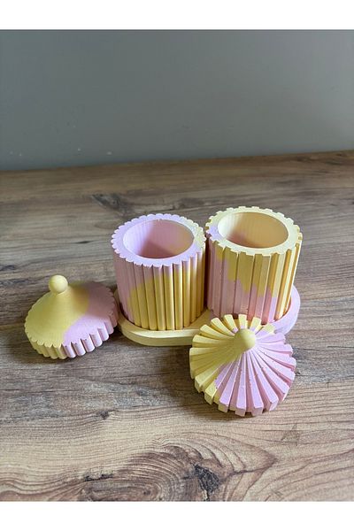 HALFART Set of 2 Concrete Organizer with Lid – Pink Yellow, Geometric Design, Colorful Set with Table