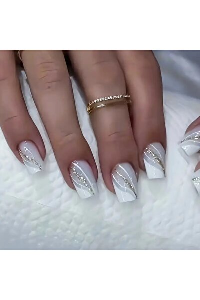 Rediquis 24 Adet Simli Çizgili Beyaz Takma Tırnaklar