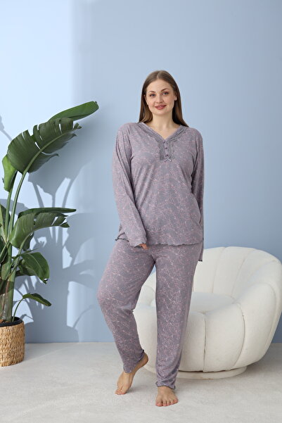 lindros Elegance and Comfort Together: Oversized Women's Patterned Long Sleeve Pajama Set (2Xl-5Xl)