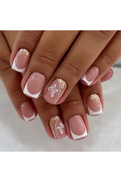 Rediquis 24 Adet Parlak Pembe ve Beyaz, Kısa Kare Simli French Takma Tırnaklar