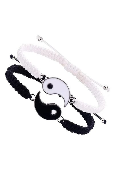OEM Set de 2 brățări Yin Yang, brățări prietenie BFF, cuplu, reglabile, alb-negru