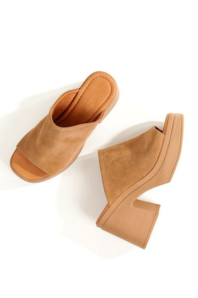 Modabuymus Παντόφλες Forela Tan Suede Γνήσιο Δέρμα Χοντρή Σόλα Υψηλής Πλατφόρμας