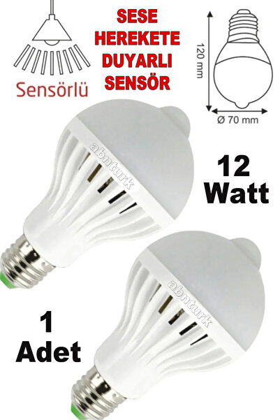 abnturk Harekete Duyarlı Sensörlü 12W Led Lamba Ses Hareket Görünce Yanan Daha sonra Sönen Sensörlü Ampül