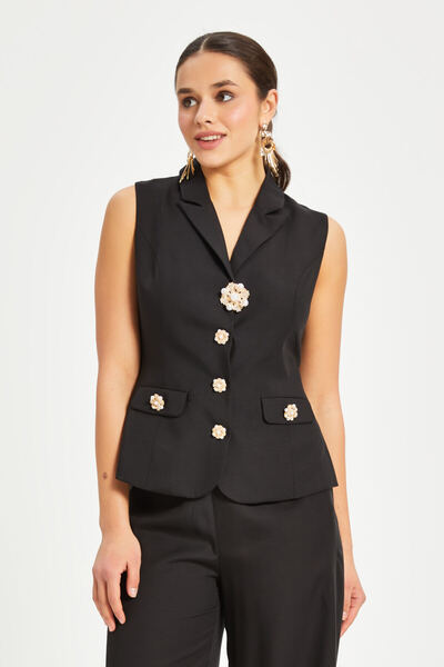 SERPİL Taş Düğme Detaylı Kruvaze Kolsuz Yelek