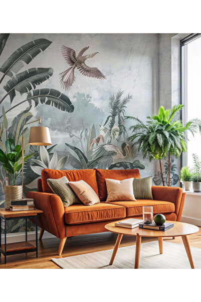 Tasarım Tropikal Geniş Yapraklar Palmiye ve Eskitme Detaylı Duvar Kağıdı