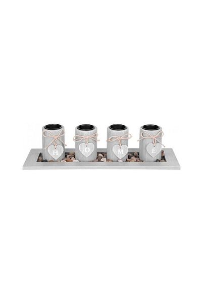 JollyMag Suport 4 lumanari, model HOME, lemn si pietre naturale, gri, 39x12.5x10 cm, Magic Home