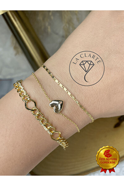 La Clarte Women's Gold Color Heart Detailed 3-Piece Bracelet Set – Elegant an...