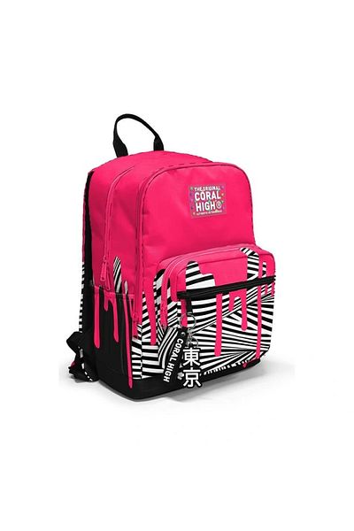 Coral High 23678 Kids Pink Black White Patterned Four Compartment Backpack