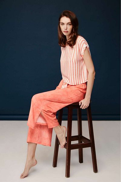 Bonnie Clyde Salmon Elegant Loose Slit Leg Comfortable Top 2-Piece Pajama Set with Box - Salmon - Selkr30V00R6Gnec-So
